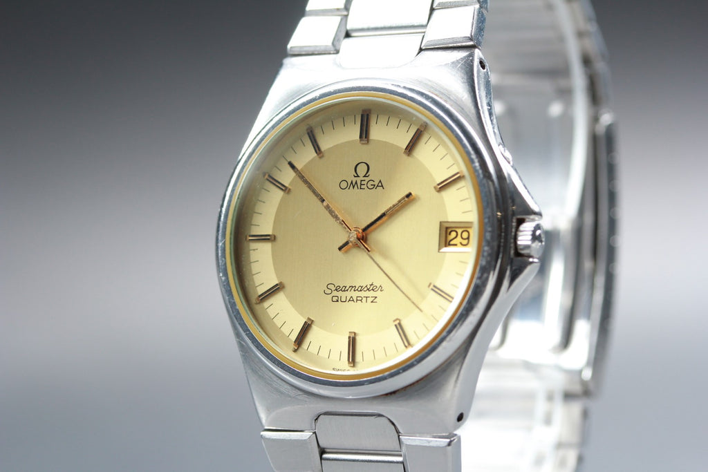 Near MINT OMEGA Seamaster 36mm 196.0222 Quartz Gold Dial Men's Watch Vintage
