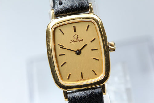 1987 Near MINT OMEGA De Ville 18mm 595.0099 Quartz Gold Dial Women's Vintage