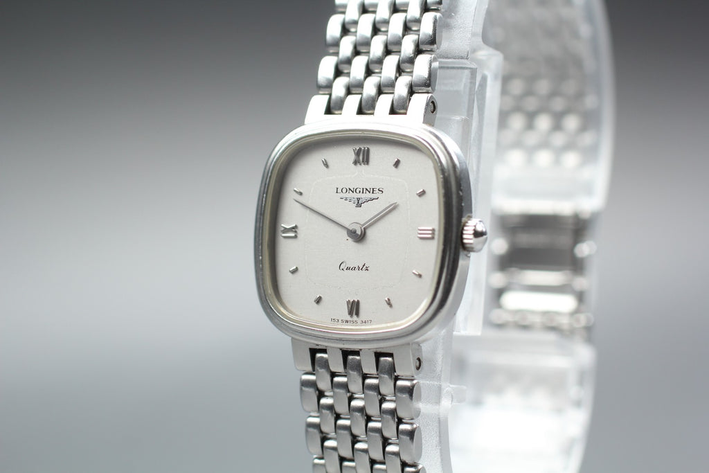 Near MINT Longines 153 3417 21mm Quartz Silver Roman Dial Women's Watch Vintage