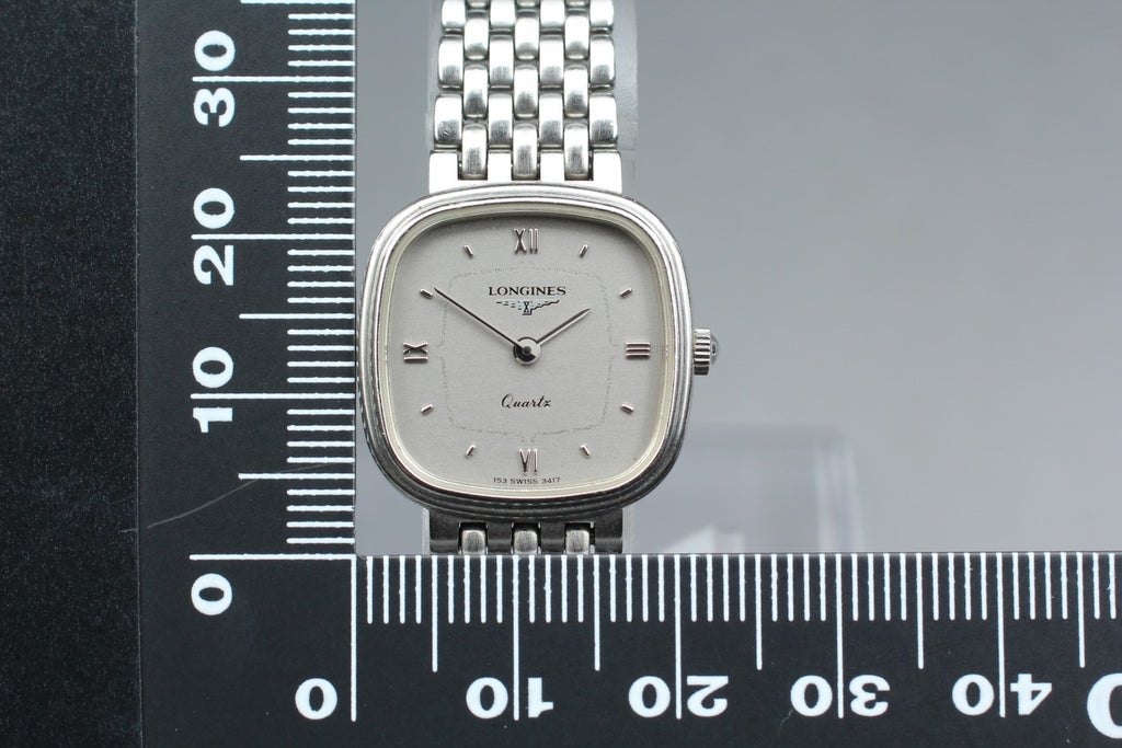 Near MINT Longines 153 3417 21mm Quartz Silver Roman Dial Women's Watch Vintage