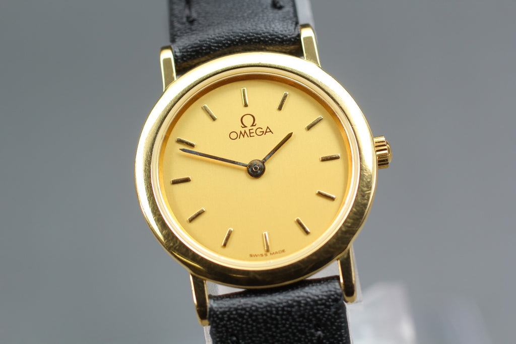 1991 Near MINT/Box OMEGA De Ville 22mm 595.0097.2 Quartz Gold Dial Women Vintage
