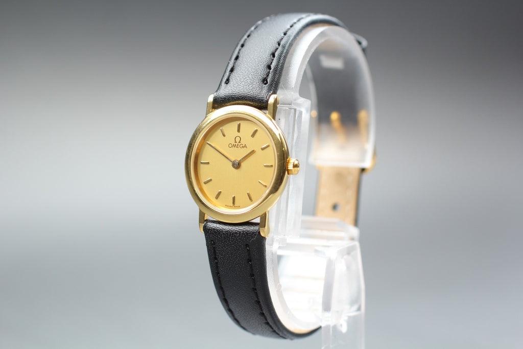 1991 Near MINT/Box OMEGA De Ville 22mm 595.0097.2 Quartz Gold Dial Women Vintage