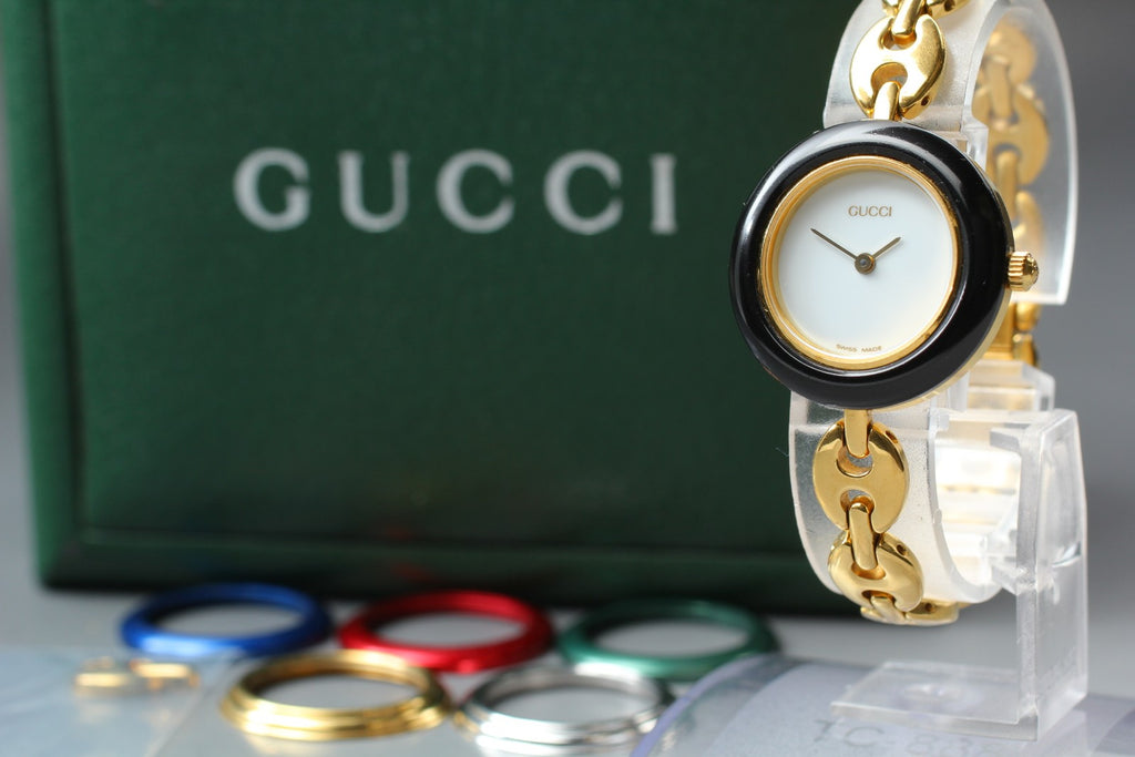 Near MINT/Box,Paper GUCCI Change Bezel 11/12.2 26mm 6 Colors Quartz Gold Women's