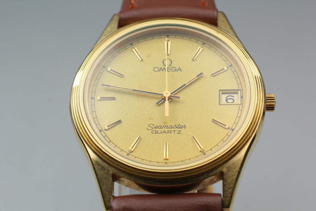 1981 Near MINT OMEGA Seamaster 34mm 196.0217 Quartz Gold Dial Men's Vintage