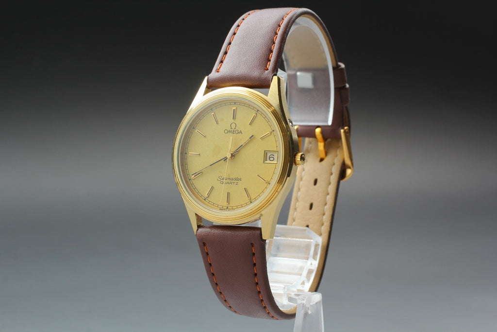 1981 Near MINT OMEGA Seamaster 34mm 196.0217 Quartz Gold Dial Men's Vintage
