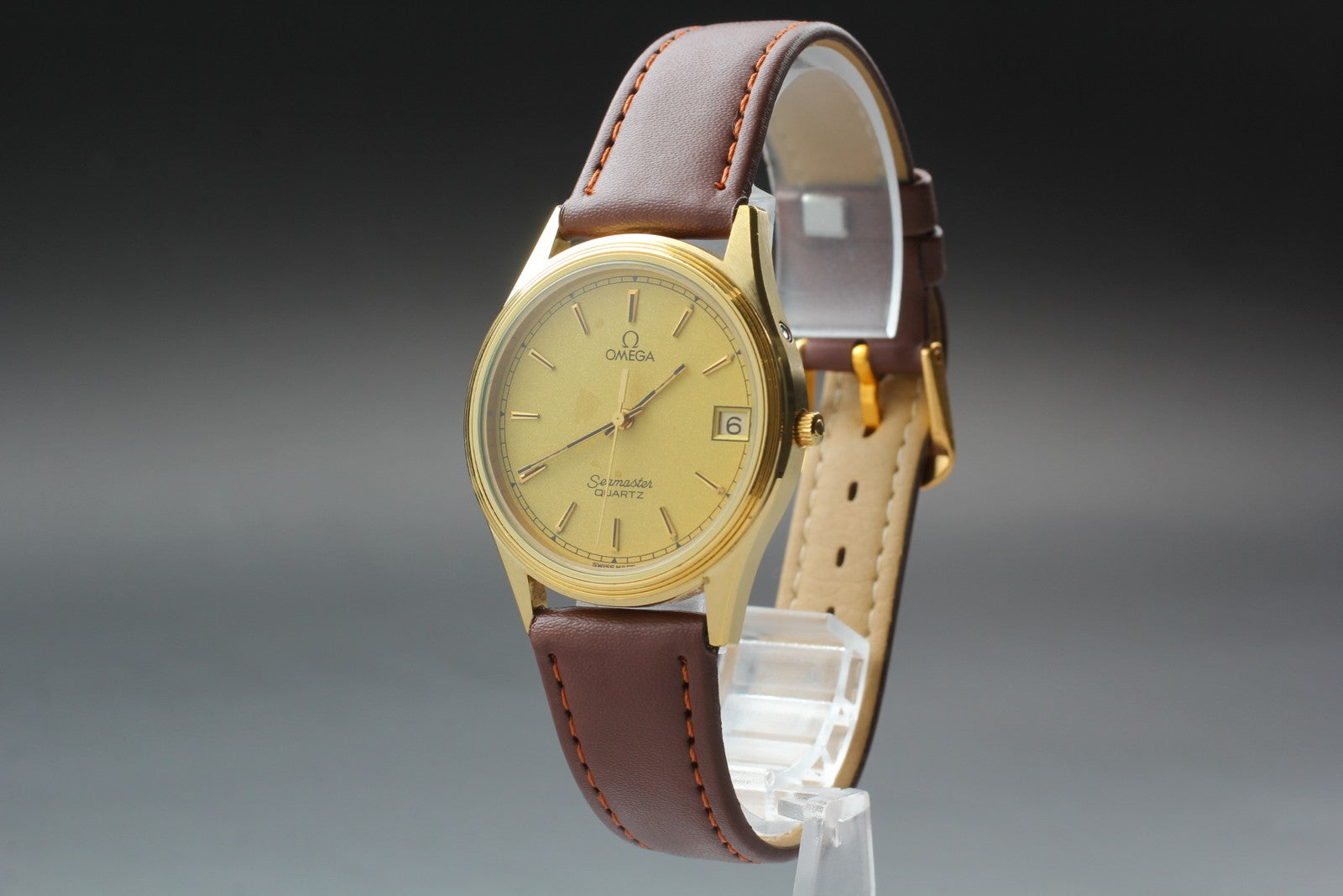 1981 Near MINT OMEGA Seamaster 34mm 196.0217 Quartz Gold Dial Men's Vintage