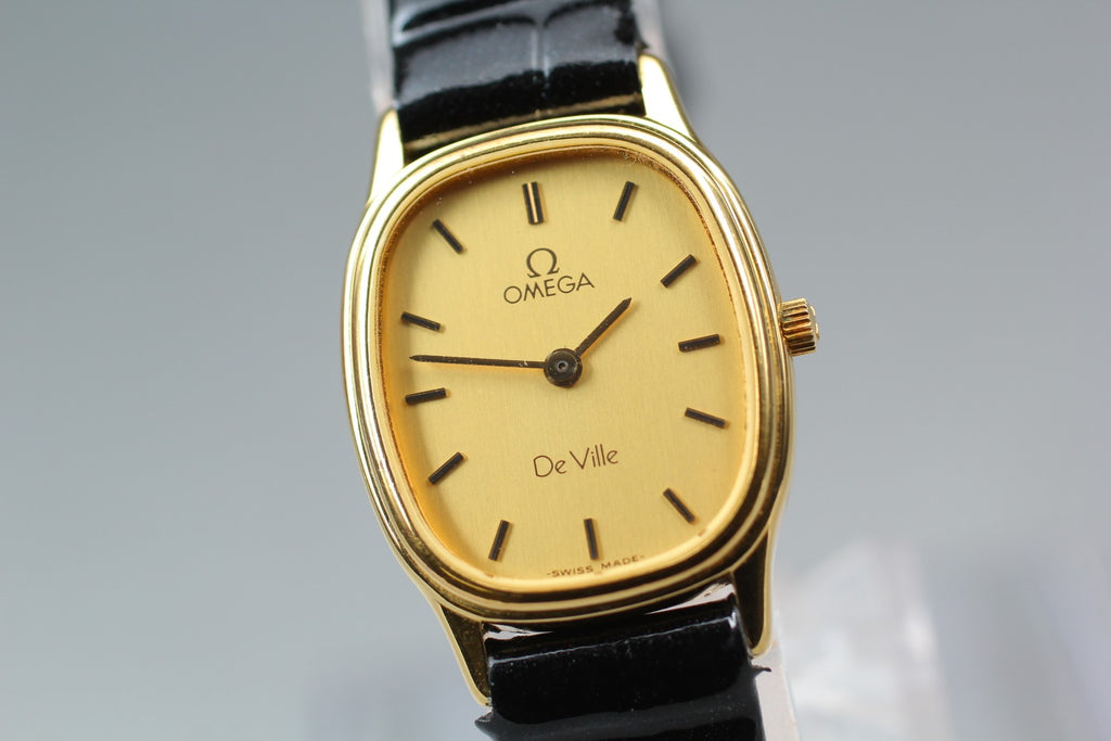 1984 Near MINT/Box OMEGA De Ville 20mm 591.0281 Quartz Gold Dial Women's Vintage