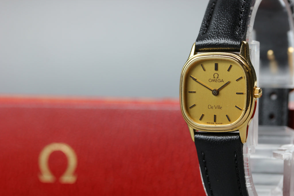 1984 w/Box OMEGA De Ville 20mm 591.0280 Quartz Gold Dial Women's Vintage Exc+5