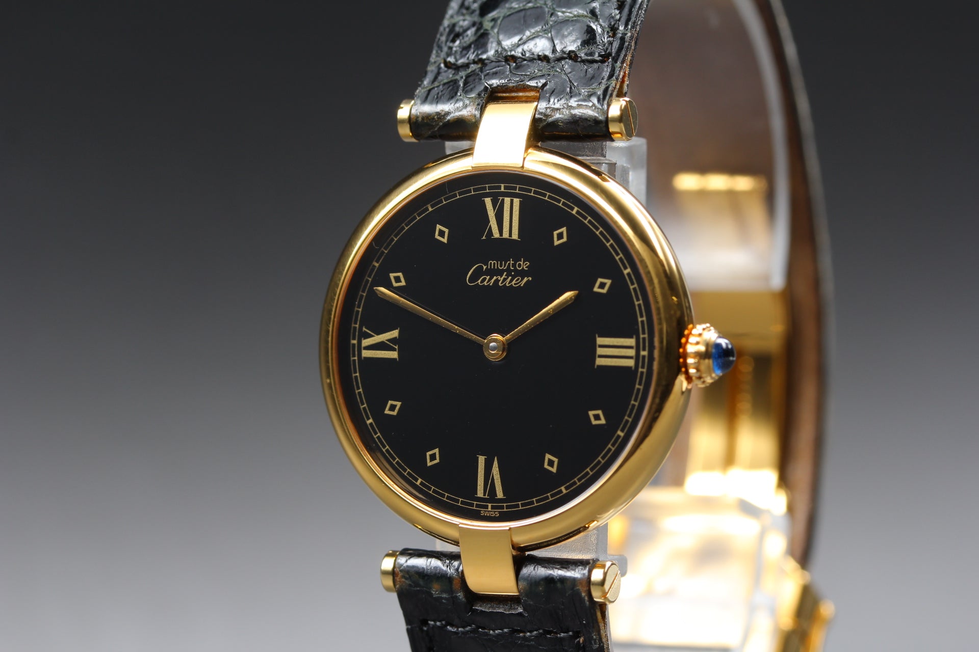 Near MINT Cartier Must de Vendome LM Vermeil 590003 30mm Quartz Black Unisex