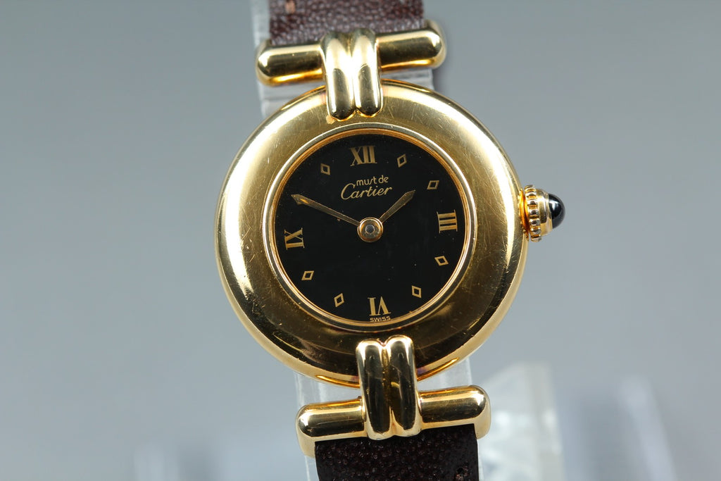 Near MINT Cartier Must de Colisee SM Vermeil 590002 24mm Quartz Black Dial Women
