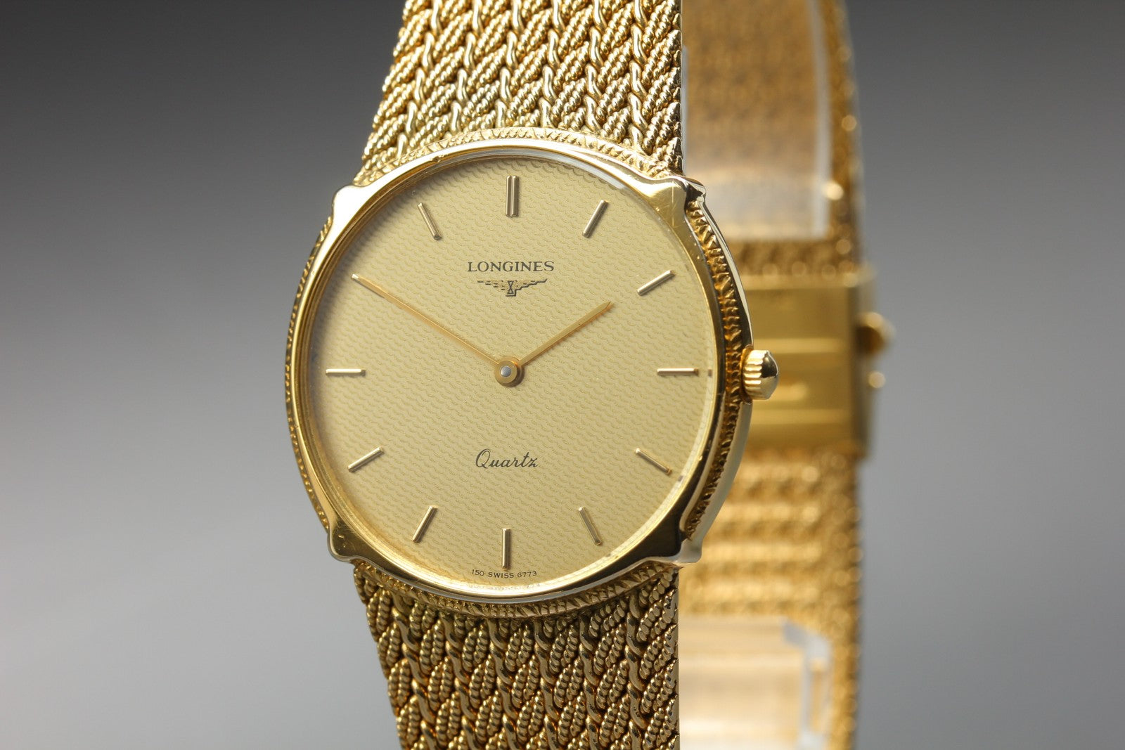 MINT LONGINES 150 6773 30mm Quartz Gold Plated Gold Dial Men's Watch Vintage