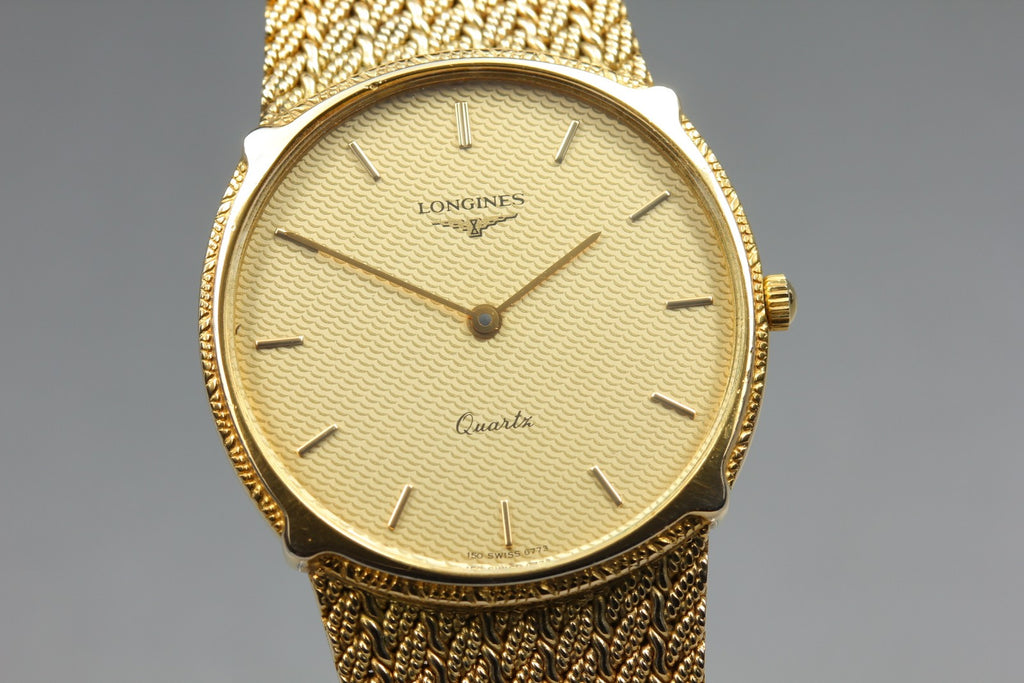 MINT LONGINES 150 6773 30mm Quartz Gold Plated Gold Dial Men's Watch Vintage