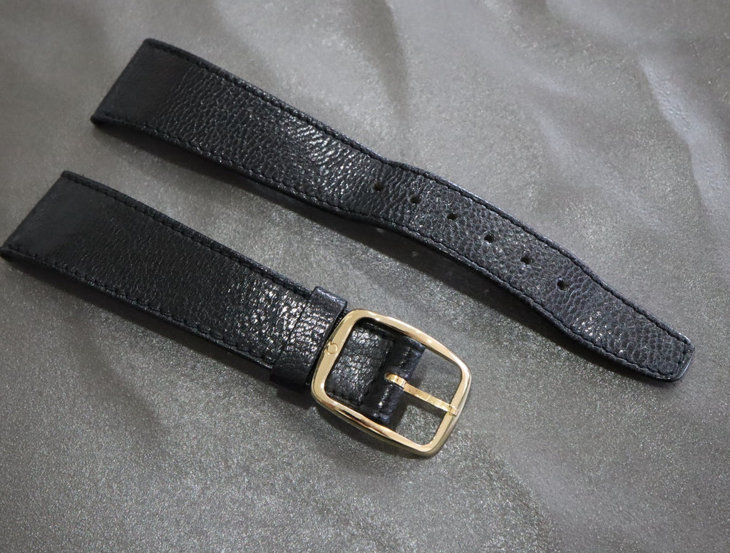 OMEGA Genuine Black Leather Strap 19mm Watch Band Gold Buckle Vintage #1991-2