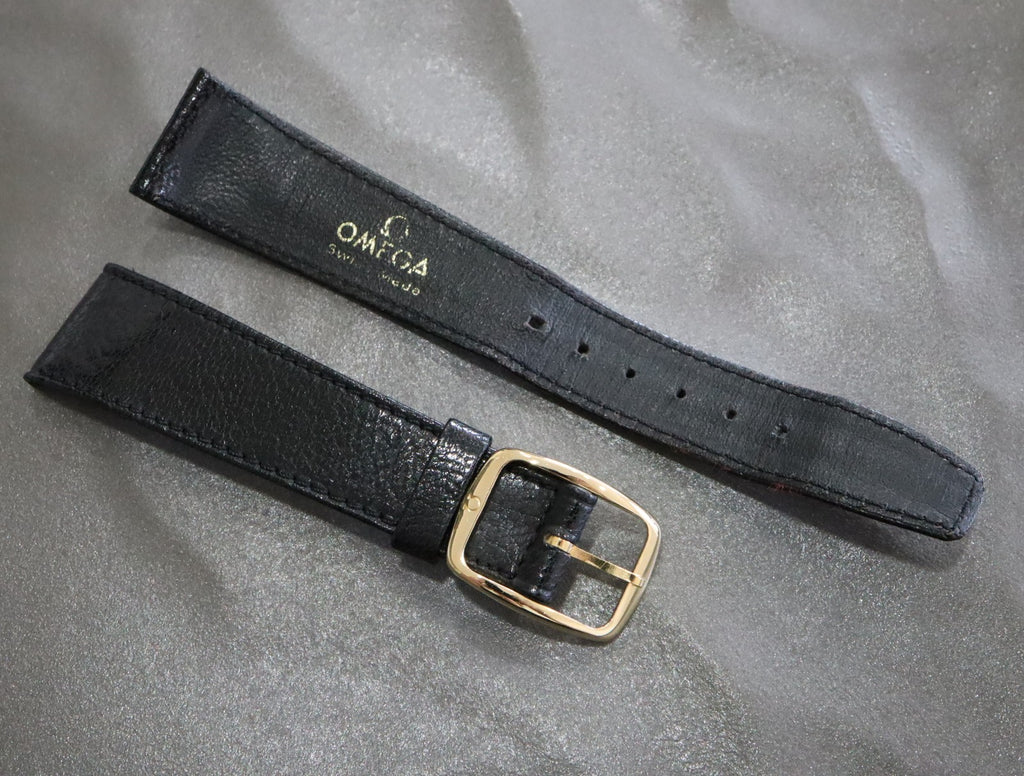 OMEGA Genuine Black Leather Strap 19mm Watch Band Gold Buckle Vintage #1991-2