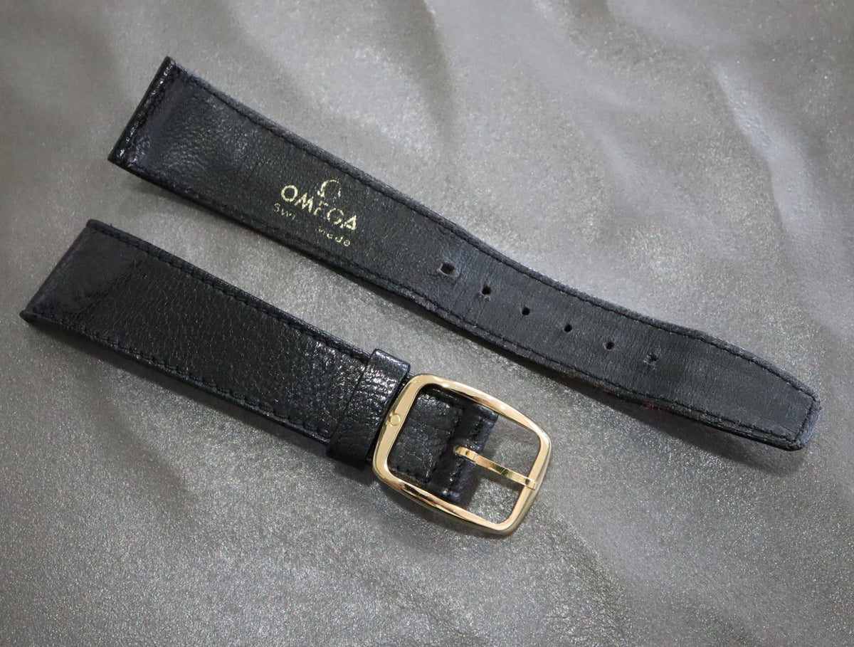 OMEGA Genuine Black Leather Strap 19mm Watch Band Gold Buckle Vintage #1991-2
