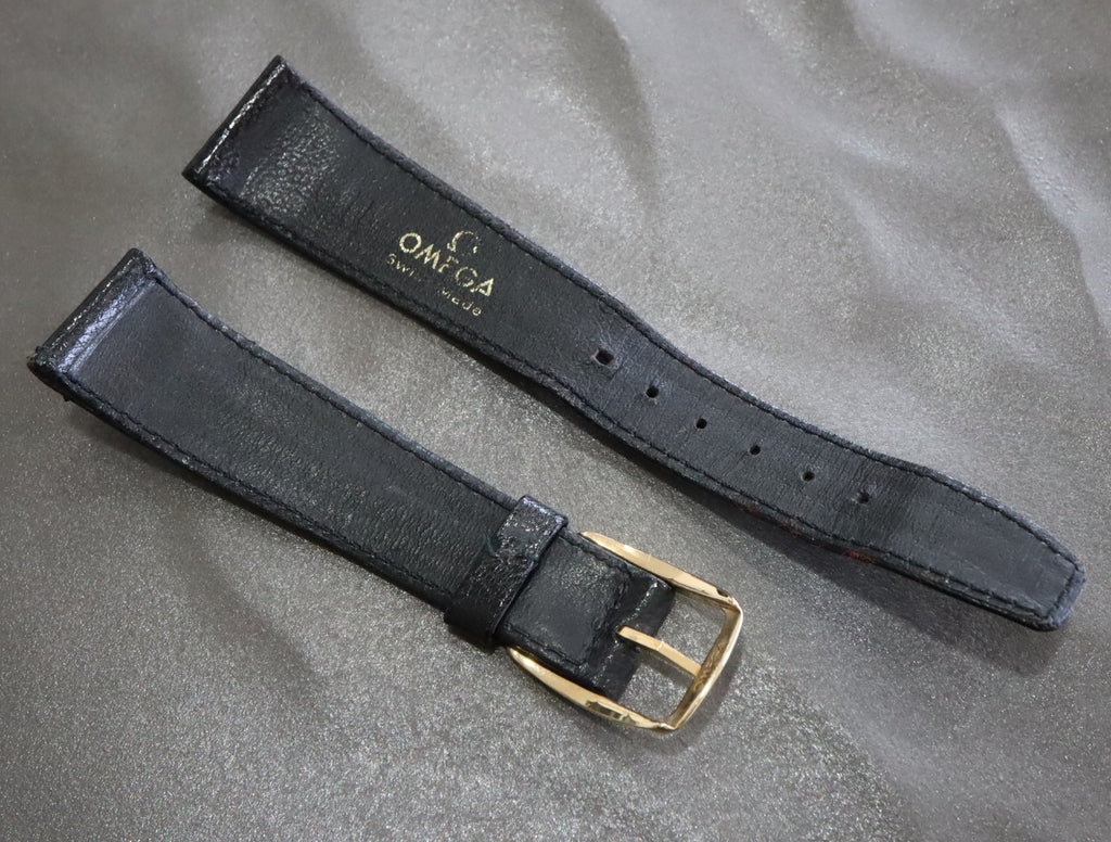 OMEGA Genuine Black Leather Strap 19mm Watch Band Gold Buckle Vintage #1991-2