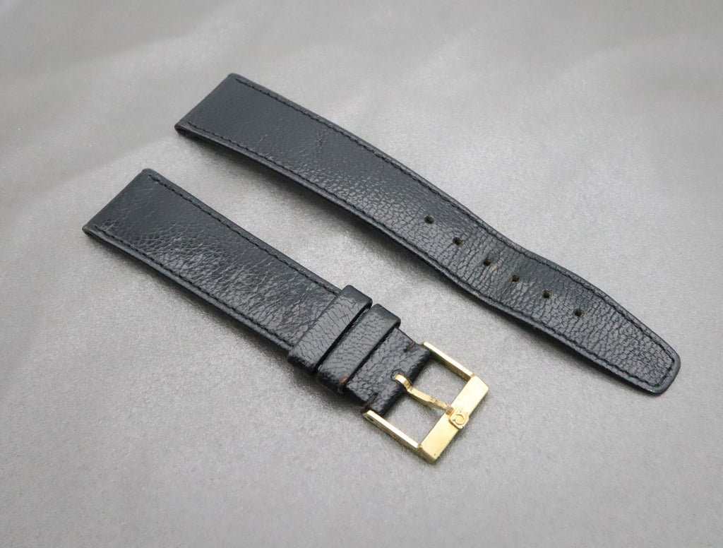 OMEGA Genuine Black Leather Strap 19mm Watch Band Gold Buckle Vintage #2243-2