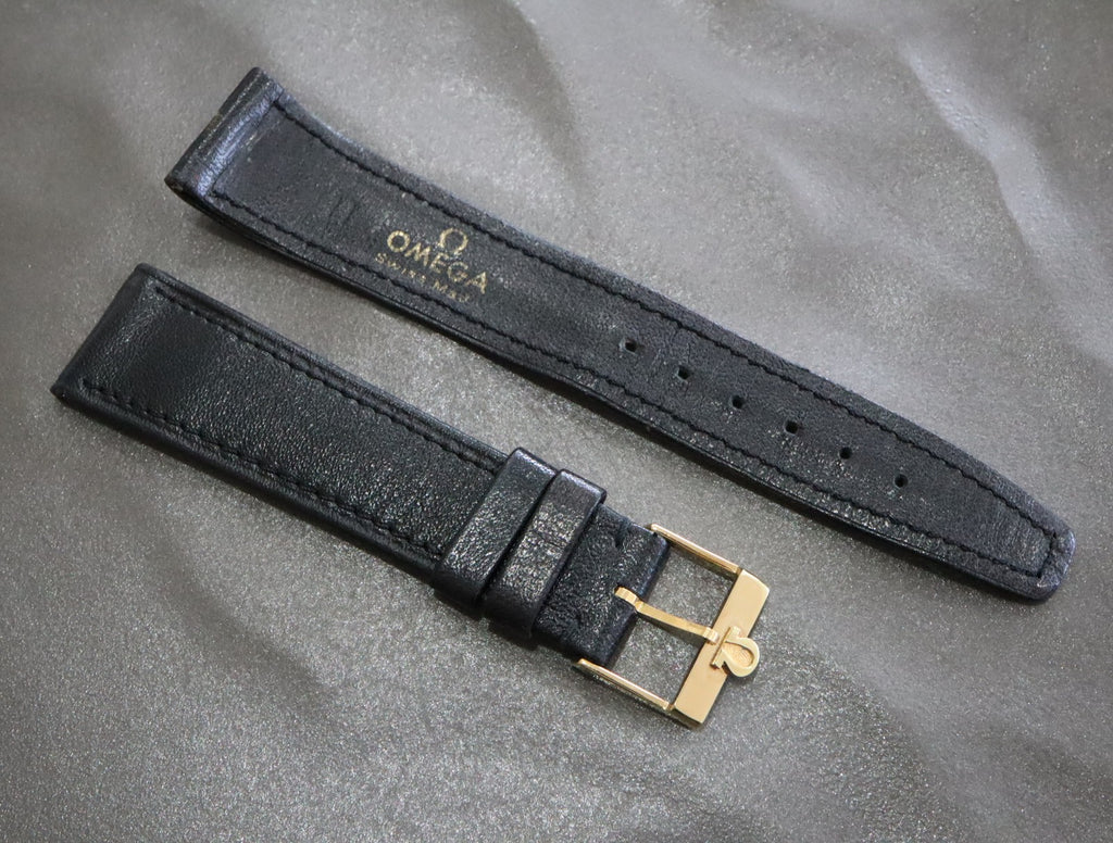 Near MINT OMEGA Genuine Black Leather Strap 19mm Gold Buckle Vintage #2354-2