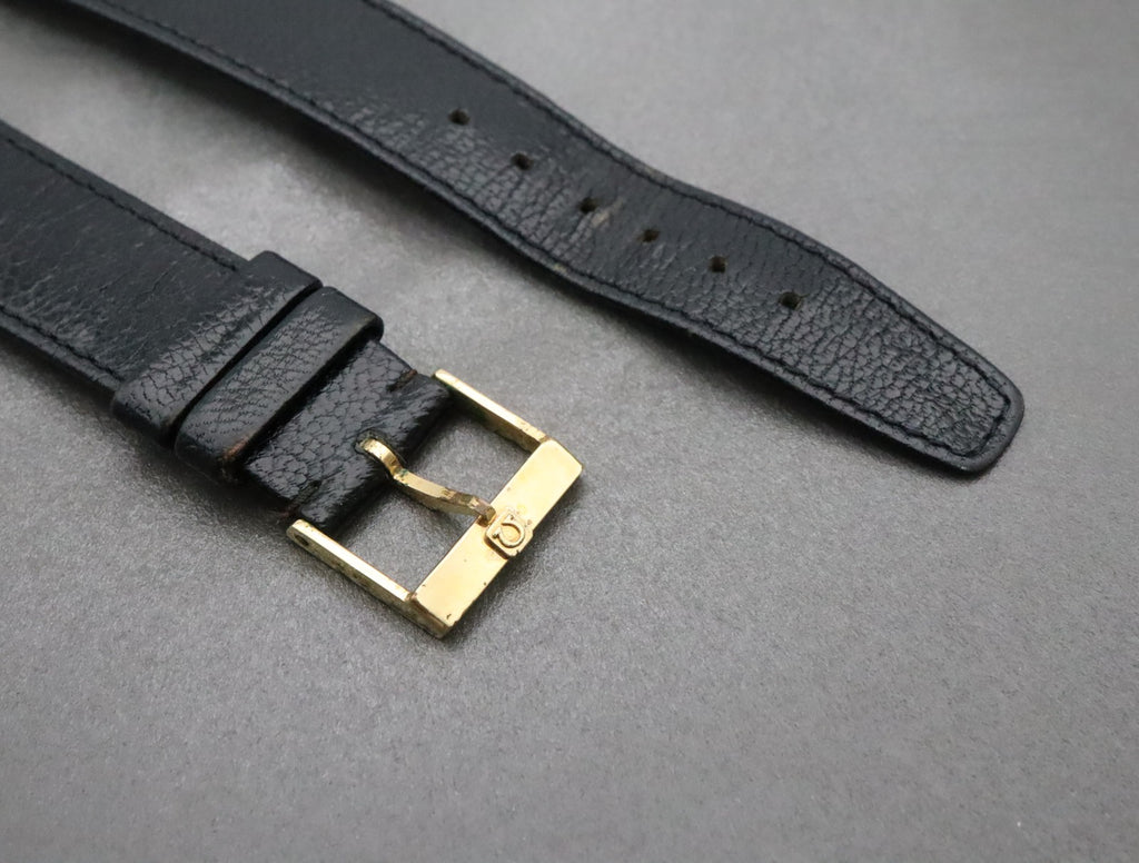 OMEGA Genuine Black Leather Strap 19mm Watch Band Gold Buckle Vintage #2243-2
