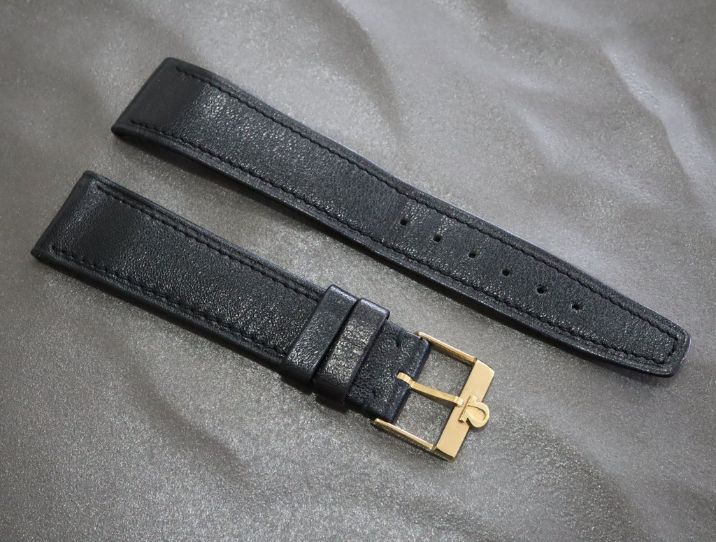Near MINT OMEGA Genuine Black Leather Strap 19mm Gold Buckle Vintage #2354-2