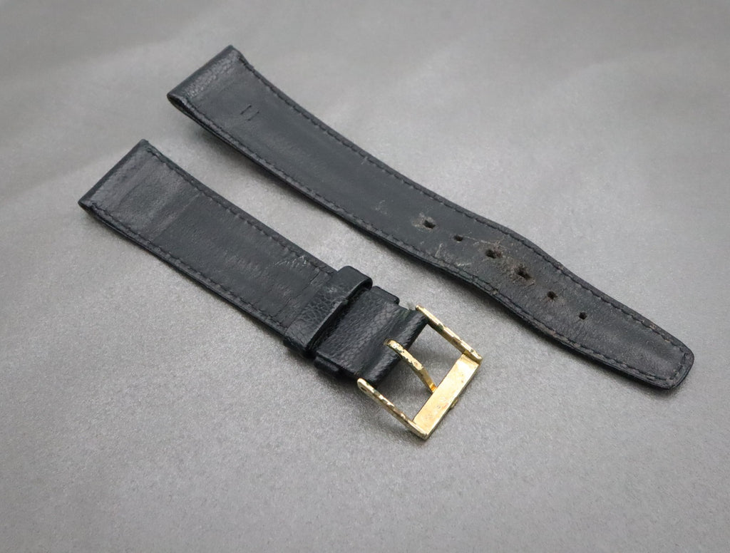 OMEGA Genuine Black Leather Strap 19mm Watch Band Gold Buckle Vintage #2243-2