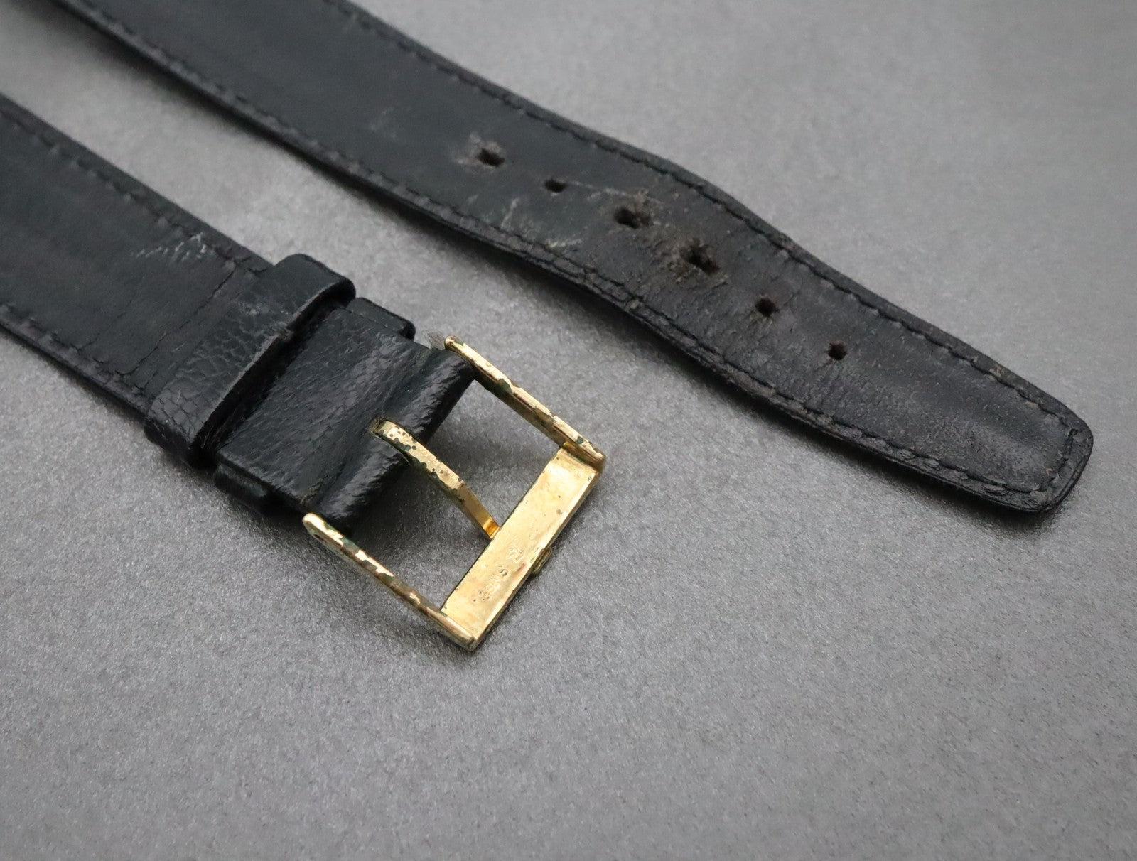 OMEGA Genuine Black Leather Strap 19mm Watch Band Gold Buckle Vintage #2243-2