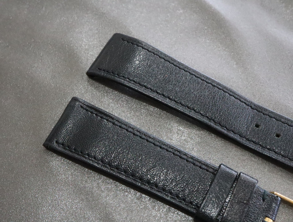 Near MINT OMEGA Genuine Black Leather Strap 19mm Gold Buckle Vintage #2354-2