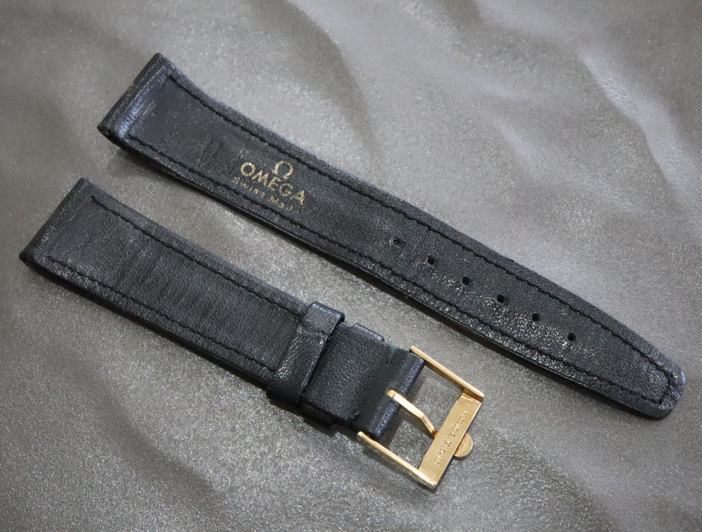 Near MINT OMEGA Genuine Black Leather Strap 19mm Gold Buckle Vintage #2354-2