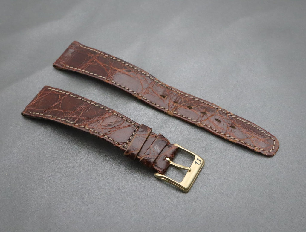 OMEGA Genuine Brown Leather Strap 18mm Watch Band Gold Buckle Vintage #2312-2