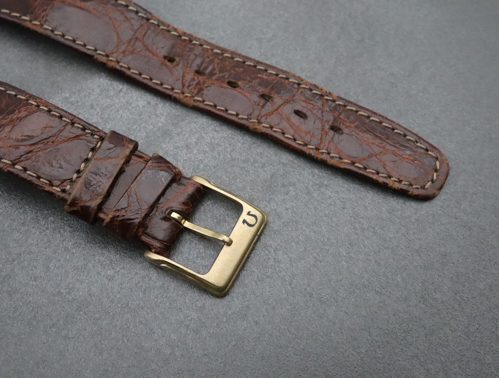 OMEGA Genuine Brown Leather Strap 18mm Watch Band Gold Buckle Vintage #2312-2