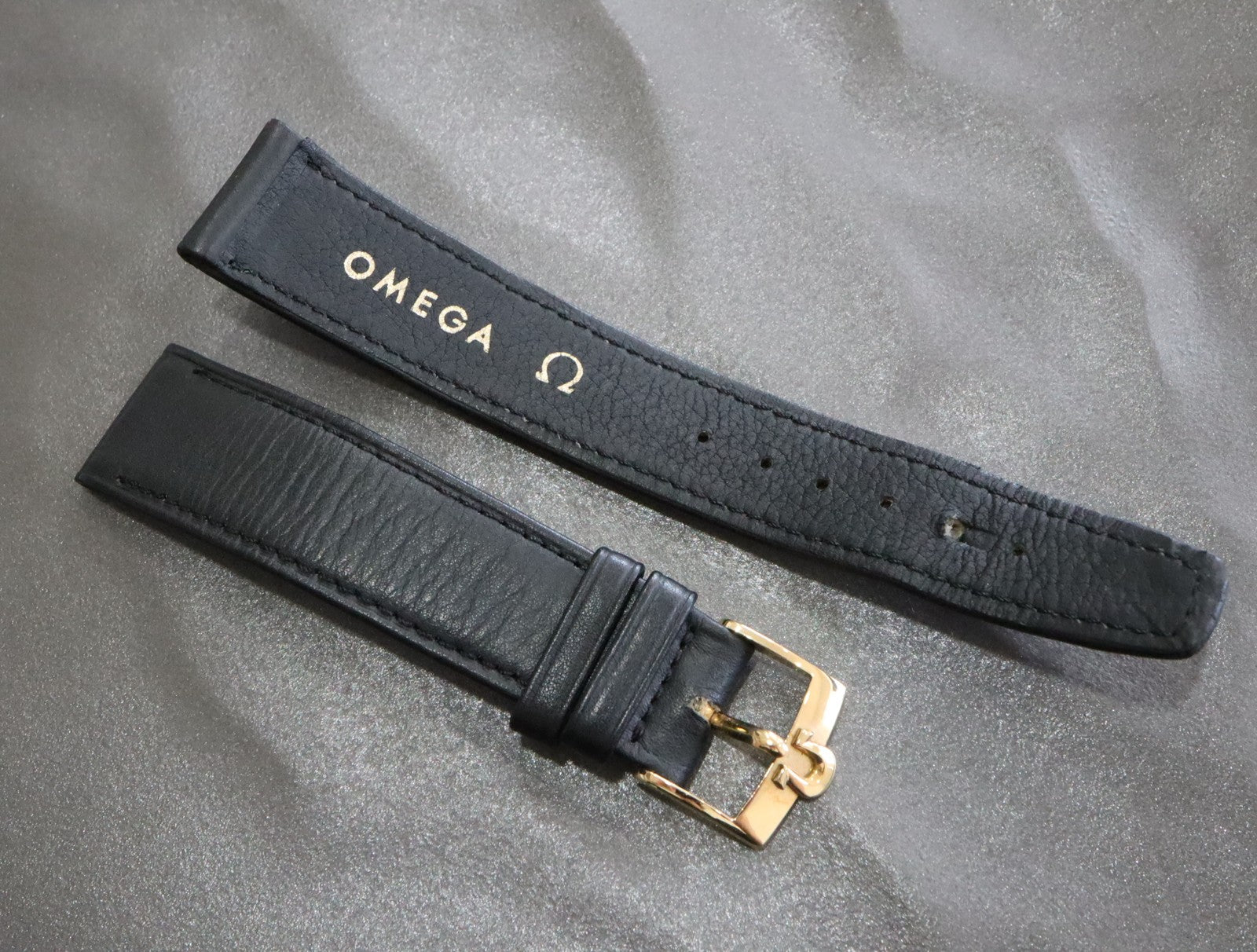 OMEGA Genuine Black Leather Strap 18mm Watch Band Gold Buckle Vintage #2419-2