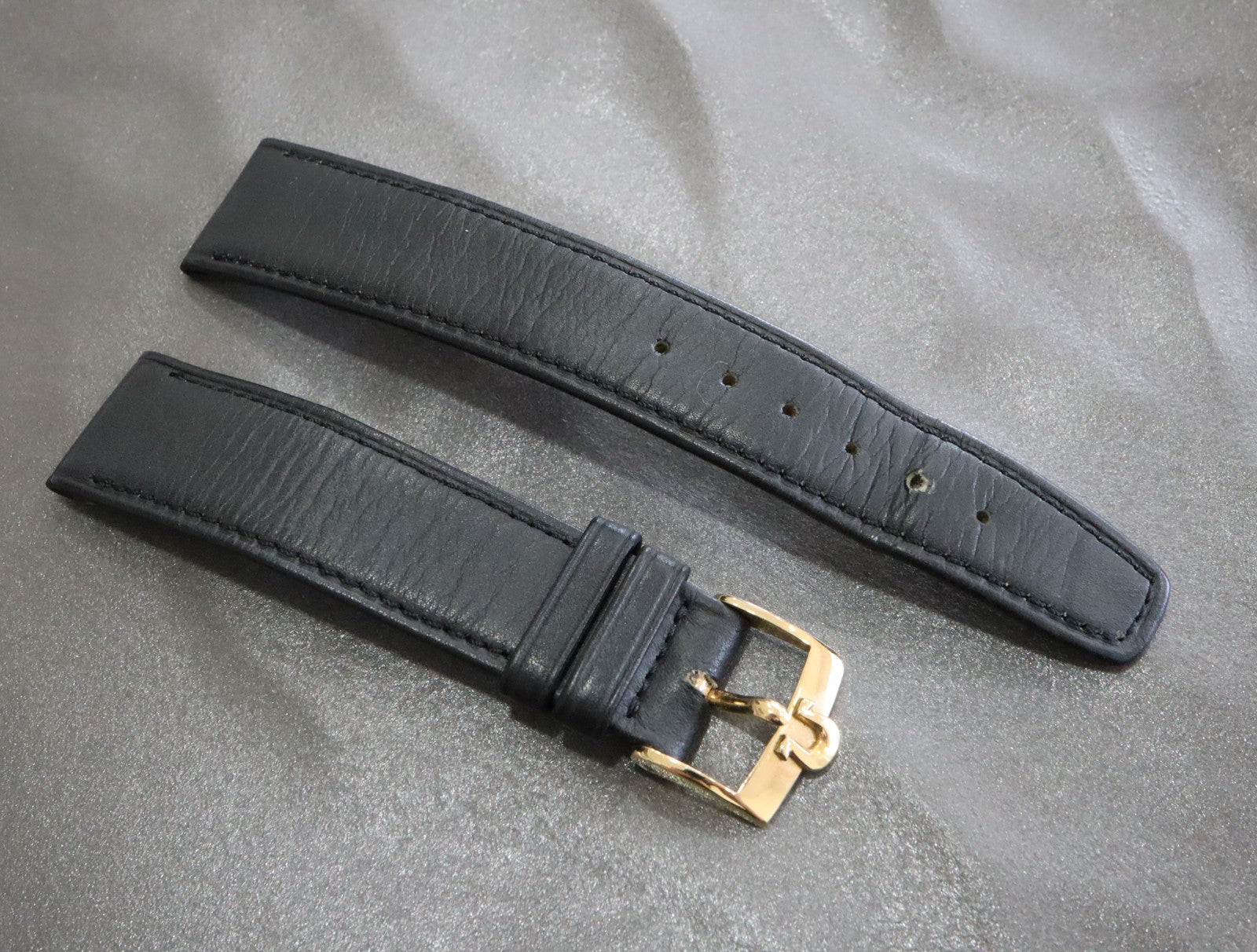 OMEGA Genuine Black Leather Strap 18mm Watch Band Gold Buckle Vintage #2419-2