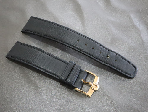OMEGA Genuine Black Leather Strap 18mm Watch Band Gold Buckle Vintage #2419-2