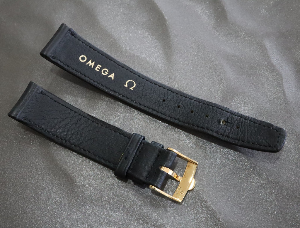 OMEGA Genuine Black Leather Strap 18mm Watch Band Gold Buckle Vintage #2419-2