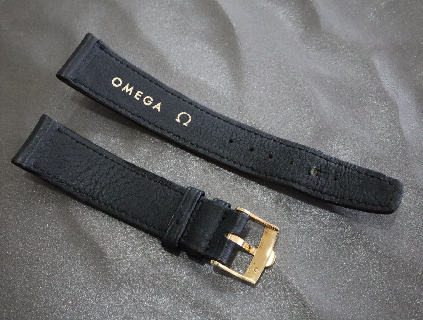 OMEGA Genuine Black Leather Strap 18mm Watch Band Gold Buckle Vintage #2419-2