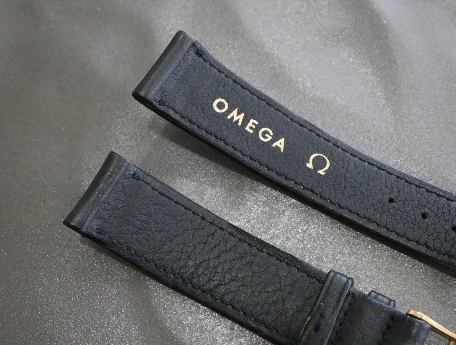 OMEGA Genuine Black Leather Strap 18mm Watch Band Gold Buckle Vintage #2419-2