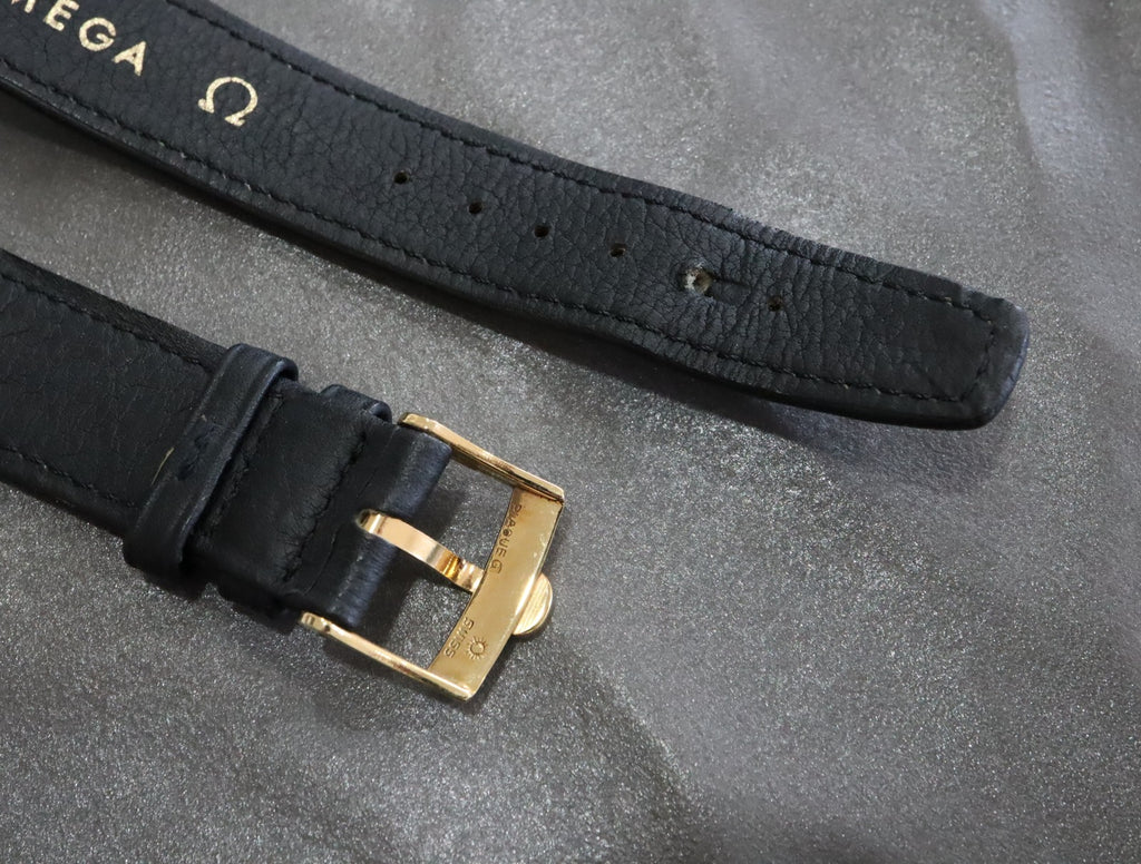 OMEGA Genuine Black Leather Strap 18mm Watch Band Gold Buckle Vintage #2419-2