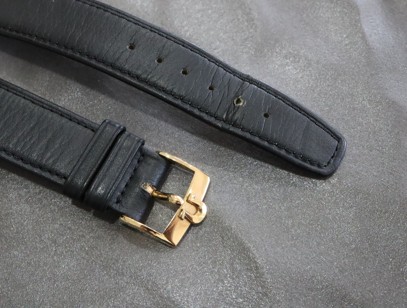 OMEGA Genuine Black Leather Strap 18mm Watch Band Gold Buckle Vintage #2419-2