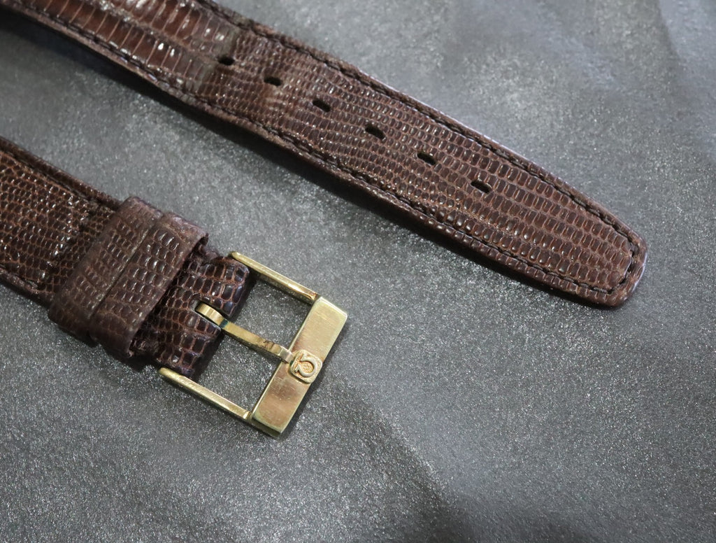 OMEGA Genuine Brown Leather Strap 18mm Watch Band Gold Buckle Vintage #2223-2