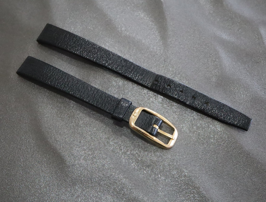 Near MINT OMEGA Vintage Black Leather Strap 10mm Band Gold Buckle Women's #1993