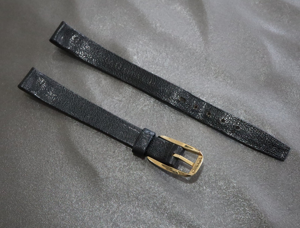 Near MINT OMEGA Vintage Black Leather Strap 10mm Band Gold Buckle Women's #1993