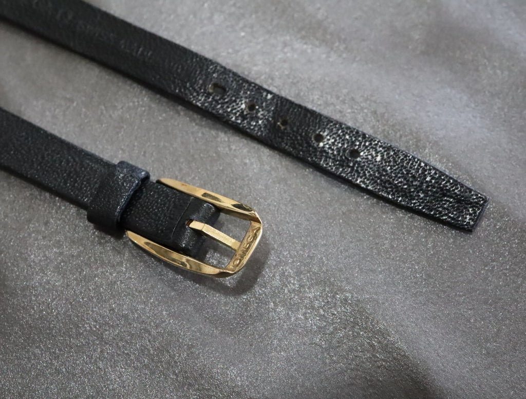 Near MINT OMEGA Vintage Black Leather Strap 10mm Band Gold Buckle Women's #1993