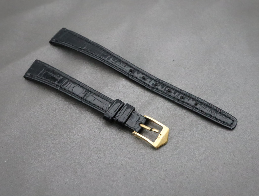 Near MINT OMEGA Vintage Black Leather Strap 11mm Band Gold Buckle Women's #2183