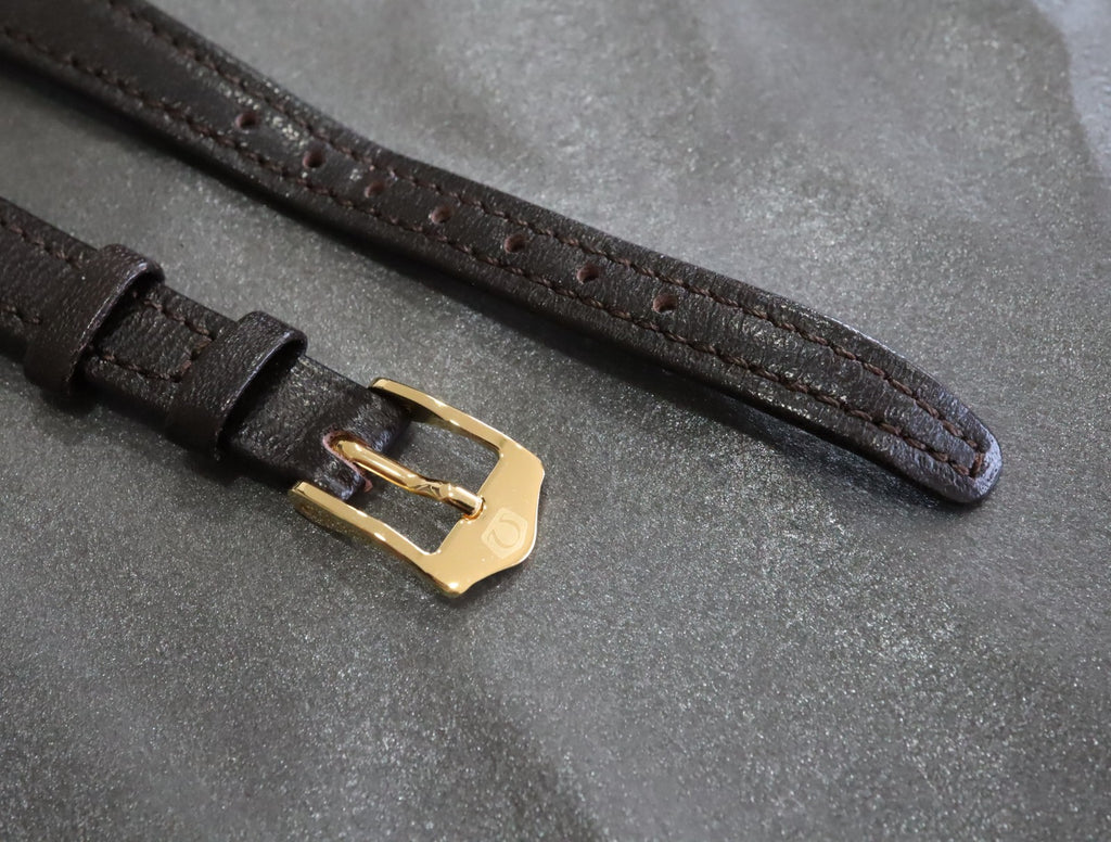 Near MINT OMEGA Vintage Dark brown Leather Strap 12mm Gold Buckle Women's #2392