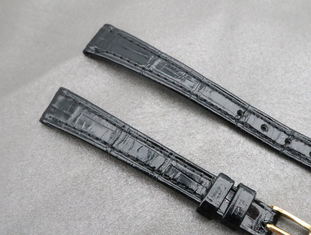 Near MINT OMEGA Vintage Black Leather Strap 11mm Band Gold Buckle Women's #2183