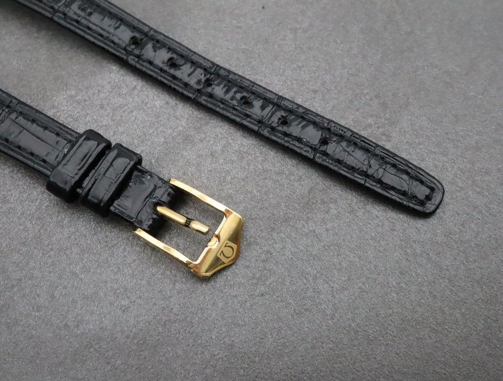 Near MINT OMEGA Vintage Black Leather Strap 11mm Band Gold Buckle Women's #2183