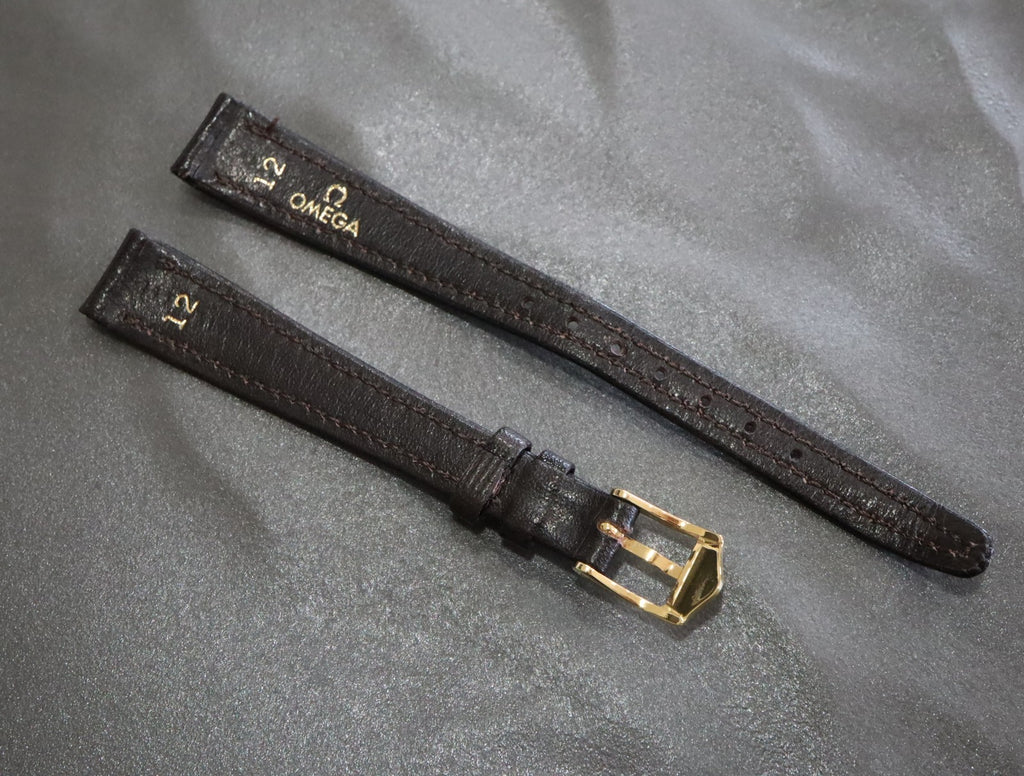 Near MINT OMEGA Vintage Dark brown Leather Strap 12mm Gold Buckle Women's #2392