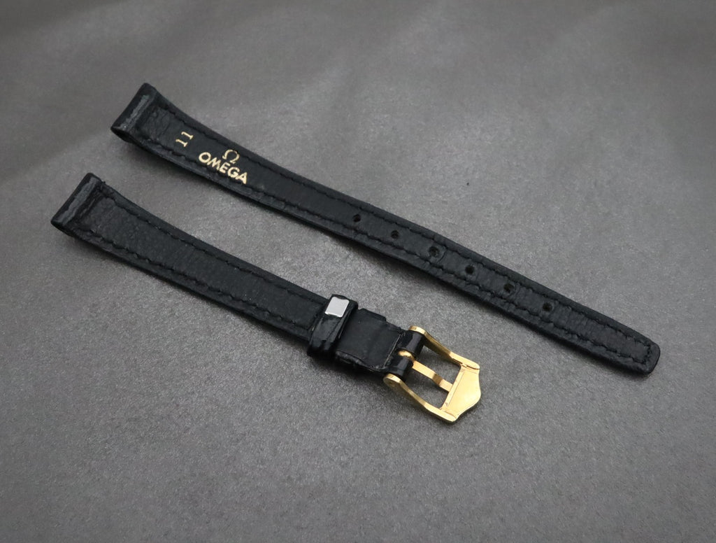 Near MINT OMEGA Vintage Black Leather Strap 11mm Band Gold Buckle Women's #2183