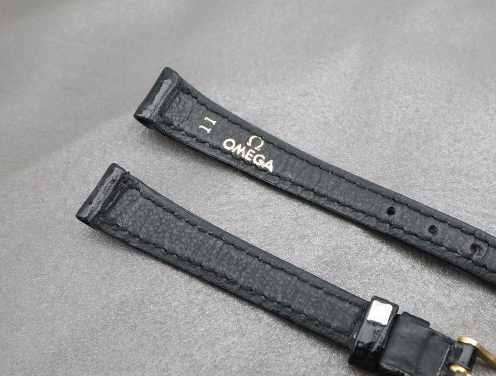 Near MINT OMEGA Vintage Black Leather Strap 11mm Band Gold Buckle Women's #2183