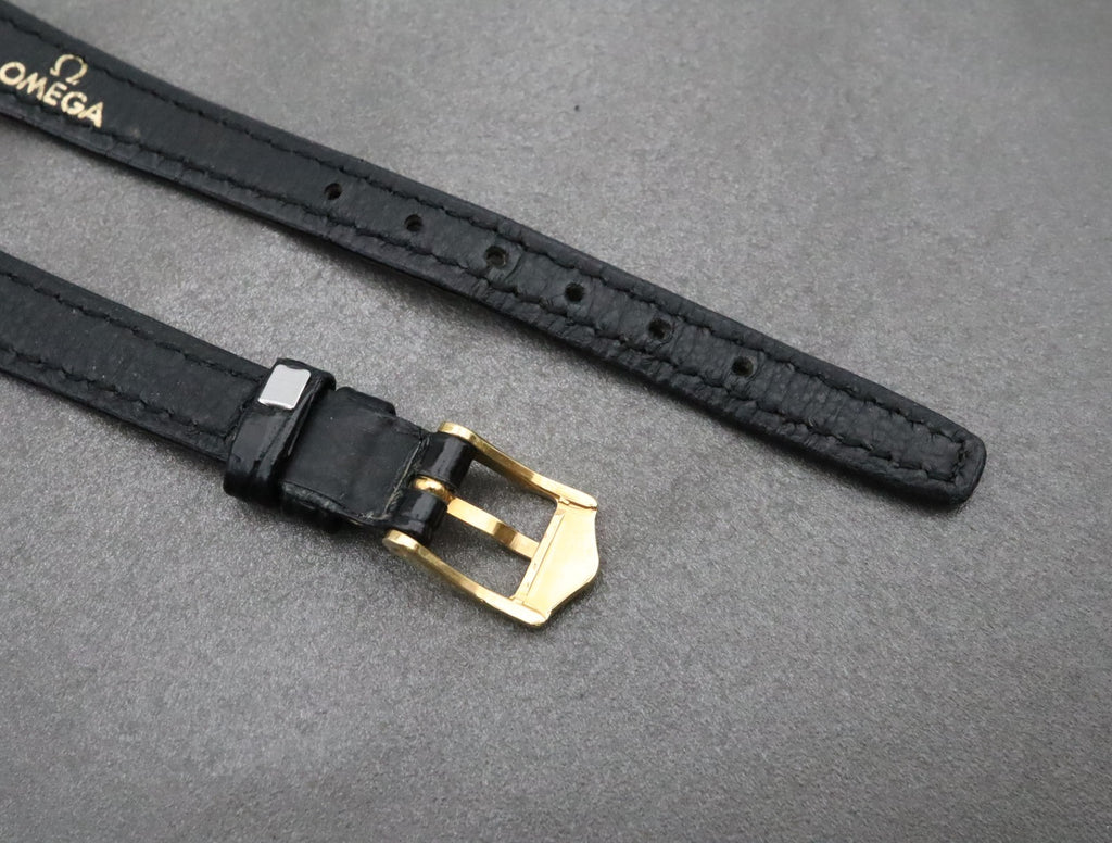 Near MINT OMEGA Vintage Black Leather Strap 11mm Band Gold Buckle Women's #2183